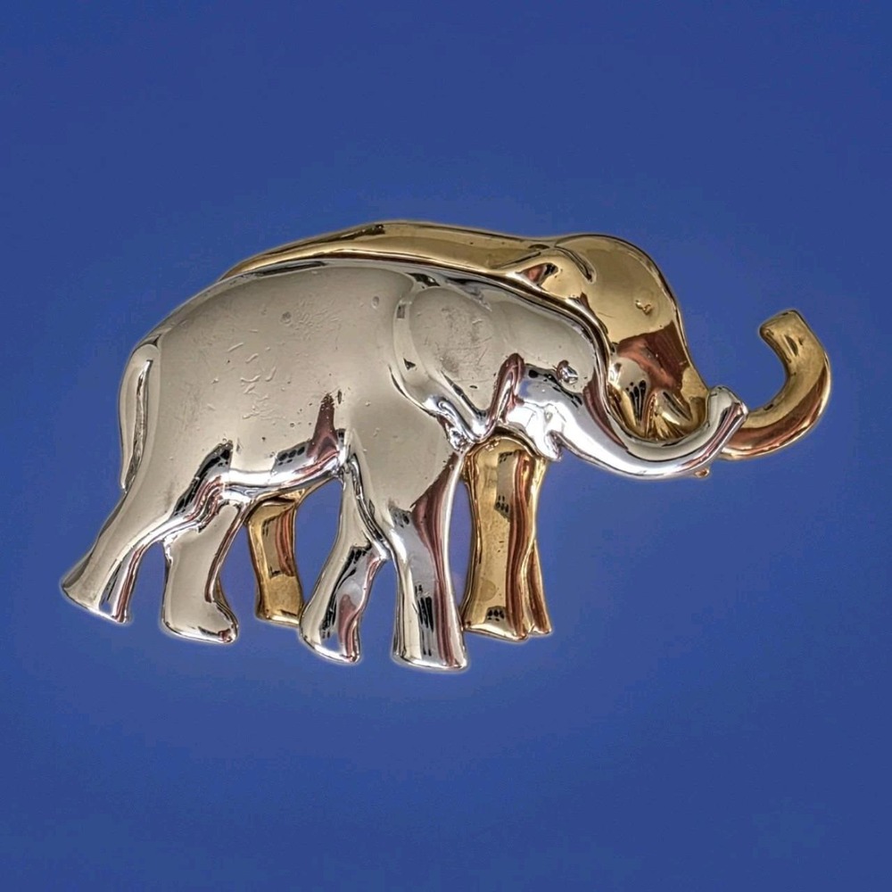 Vintage Liz Claiborne Elephant Couple Brooch Gold Silver Tone Large 2.25" Pin